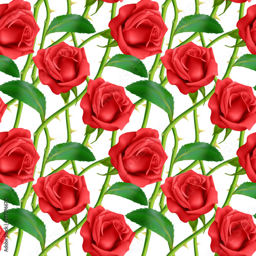 Seamless, endless pattern with roses and thorns, bright pink roses on white background, design for your packing. Vector illustration