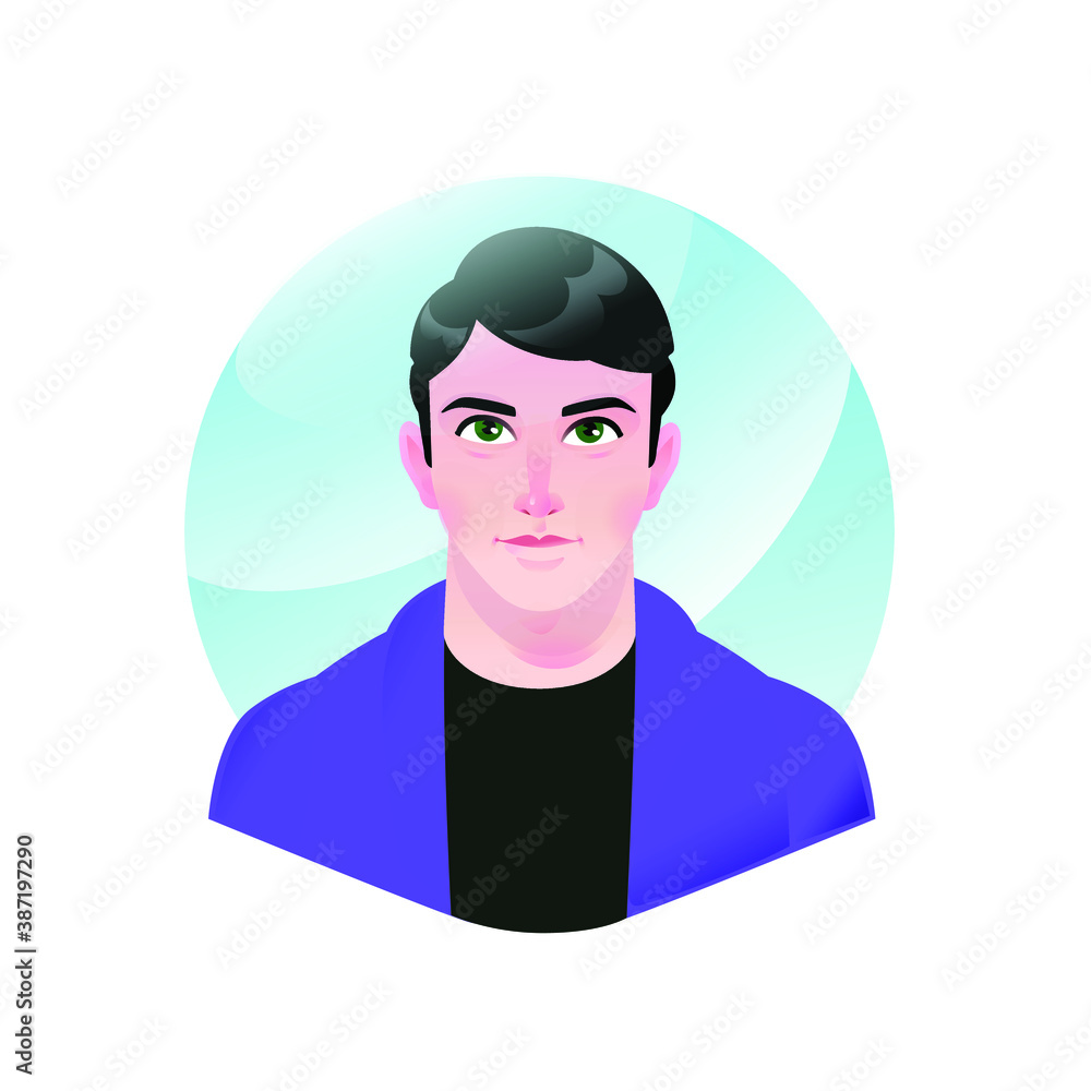 Illustration of a young handsome man. Vector. Cartoon handsome businessman man. Character for advertising and design on a circle background. Bright calm image. Hipster profile avatar. Illustration of a young handsome man. Vector. Cartoon handsome businessman man. Character for advertising and design on a circle background. Bright calm image. Hipster profile avatar.