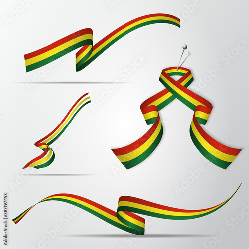 Flag of Bolivia. 4th of August. Set of realistic wavy ribbons in colors of bolivian flag. Independence day. National symbol. Vector illustration. EPS10.