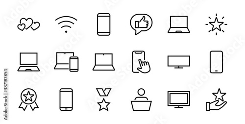 SMART devices and gadgets linear icons set, vector, contains icons computer, camera, laptop, phone, web devices, electronic appliances, and much more. Editable stroke