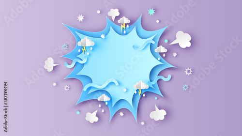 Comic speech bubble decorated with explosion firework, cloudy sky, raindrop, lightning and blank space. Rainy season background. paper cut and craft style, vector, illustration.