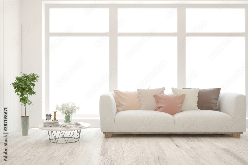 White living room with sofa. Scandinavian interior design. 3D illustration White living room with sofa. Scandinavian interior design. 3D illustration