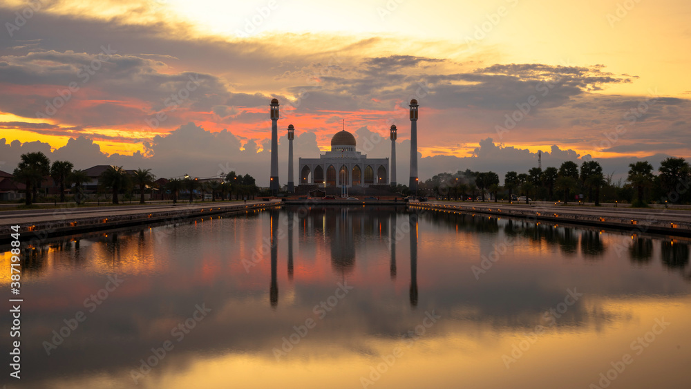 Beautiful sunset at central Mosque of songkhla, thailand.