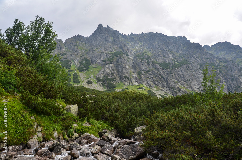 Scenic view Of landscape and rocky foggy mountains against cloudy sky in High Tatras, Slovakia