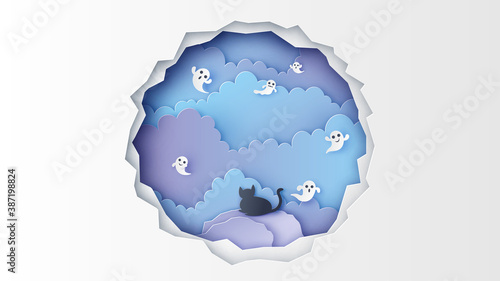 Illustration of a black cat sitting on hill and watching baby ghost spirit flying on Halloween night sky. paper cut and craft style. vector, illustration.