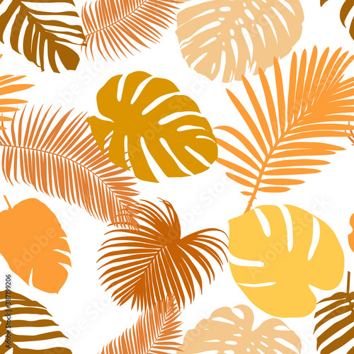 Seamless tropical pattern with palm and monstera leaves