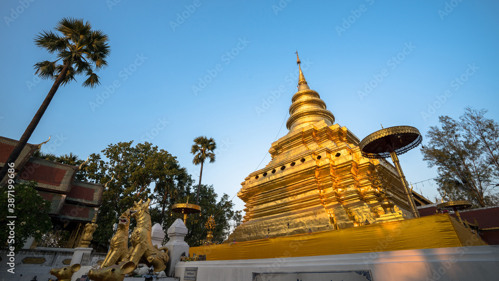 Wat phra that si chom thong worawihan, A famous Buddhist temple with colorful statues and a splendid golden royal monastery, Chiang mai, Thailand, Feb 17, 2018.