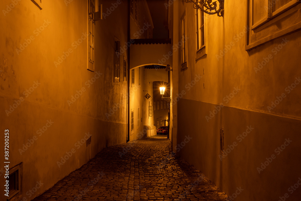 
light from street lights in the center of Prague at night