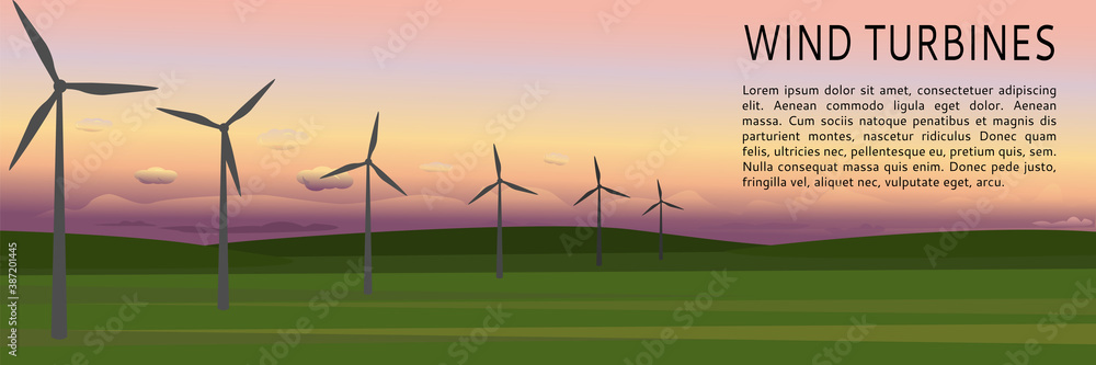 Silhouettes of wind turbines at sunset or sunrise. Landscape wind farm banner for presentations, websites, and infographics. Flat style. Vector. Space for text Silhouettes of wind turbines at sunset or sunrise. Landscape wind farm banner for presentations, websites, and infographics. Flat style. Vector. Space for text