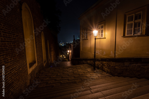  street lights and lamps and lights from them in the old town in the Czech Republic at night