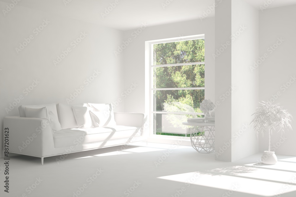 Fototapeta premium White living room with sofa and summer landscape in window. Scandinavian interior design. 3D illustration