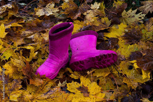 Pink boots in autumn leaves. Colorful leaves. Autumn season.