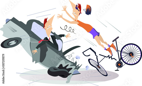 Road accident, driver, cyclist and broken bike illustration. Shocked driver man sits in the broken car and cyclist falling down from the bicycle isolated