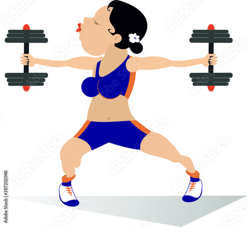 Cartoon woman does exercises with dumbbells illustration. Strong sexy young woman does exercises with weight isolated on white
