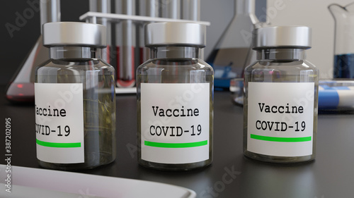 3D render The COVIC-19 vaccine and the anti-coronavirus drug are placed on a table in a lab.
