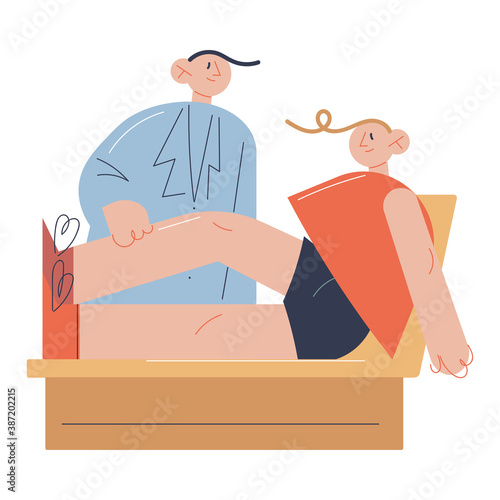 Young man doctor stretching man patients leg after surgery