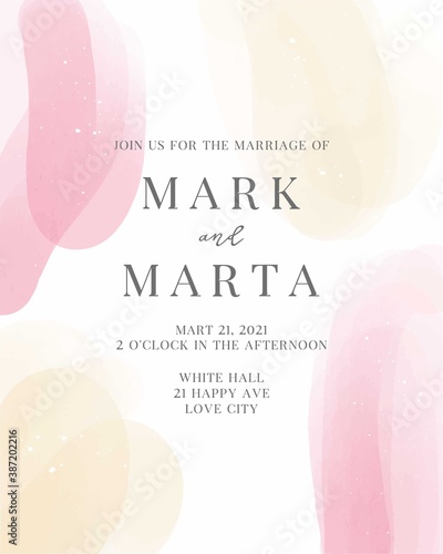 Abstract art watercolor gentle love vector illustration background for design template wedding invitation or greeting card for valentines day with pink and beige flower petals and paint splashes.