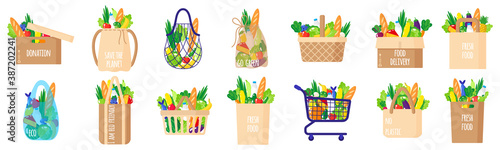 Tableau sur toile Vector cartoon set of paper grocery bags, baskets, cart, box, turtle bag with he
