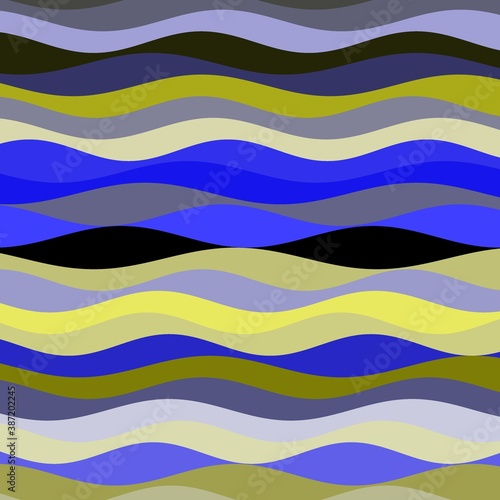 smooth irregular ribbons of complementary colors of blue yellow and grey, making a wave design