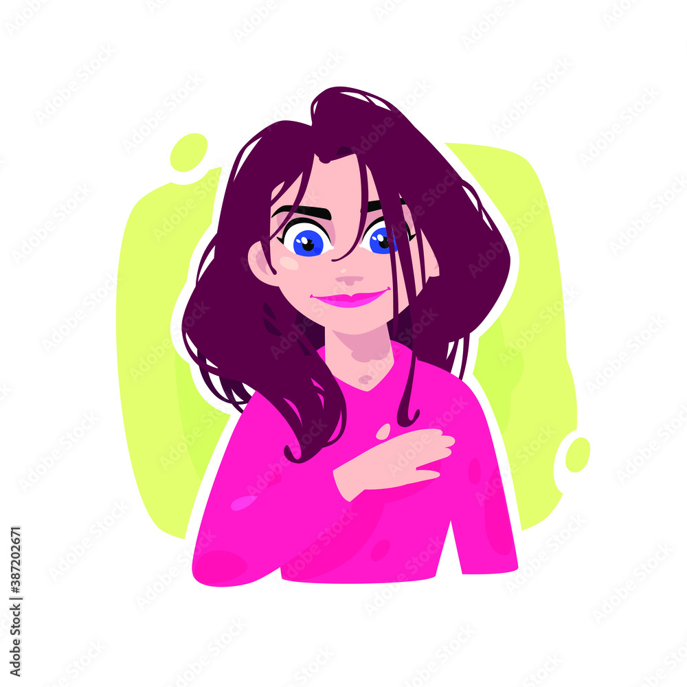Illustration of a young girl. Vector. Cartoon beautiful girl with long hair. Character for advertising and design. A vivid image. Profile avatar. A hero for films. Illustration of a young girl. Vector. Cartoon beautiful girl with long hair. Character for advertising and design. A vivid image. Profile avatar. A hero for films.