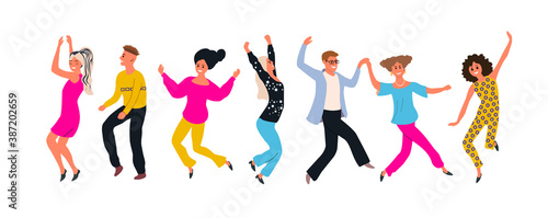 Group of happy smiling young men and women dancing and enjoying dance party. Colorful vector illustration in flat cartoon style.