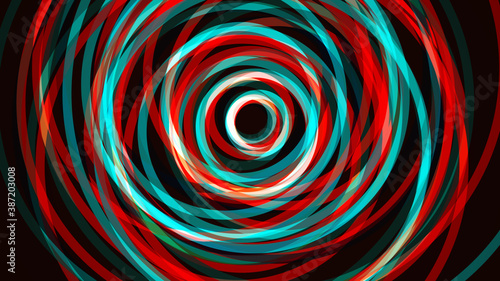 Abstract intersecting red green cyan circle lines on dark background