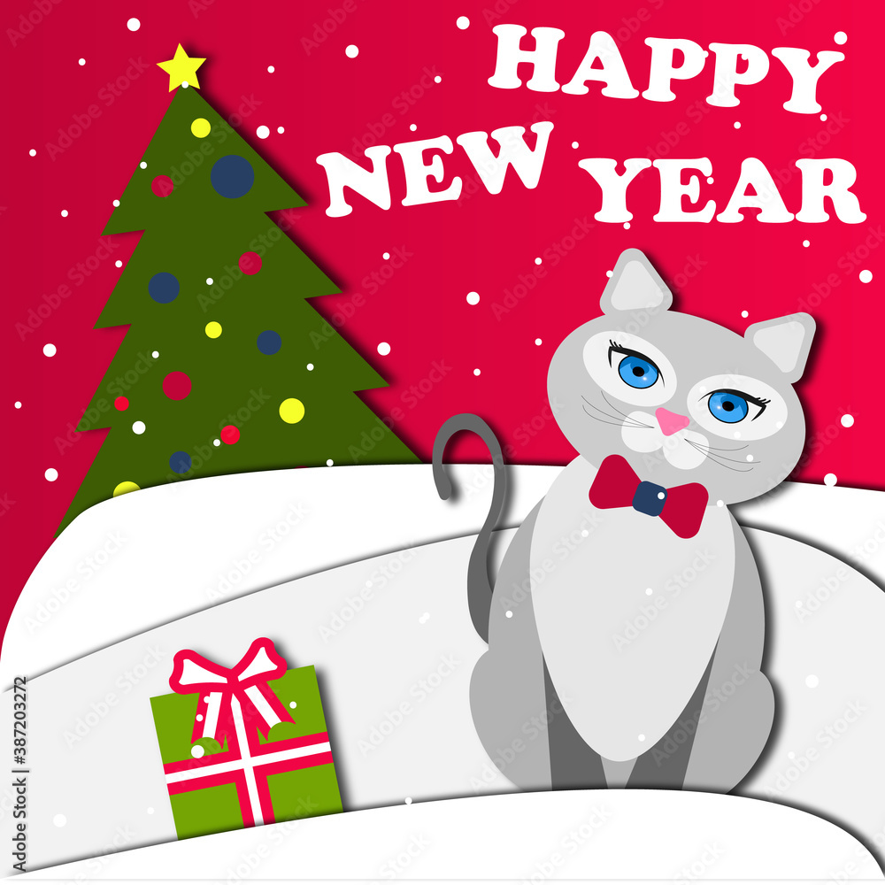 Christmas illustration with a cat and a Christmas tree in the style of paper cut out. Snowdrifts, gift, Christmas tree, gray cat with a bow. Happy new year, merry christmas. 2021. Christmas illustration with a cat and a Christmas tree in the style of paper cut out. Snowdrifts, gift, Christmas tree, gray cat with a bow. Happy new year, merry christmas. 2021.