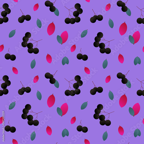 Seamless pattern with purple background. Design template with black berries and green and pink leaves. Vector template for wrapping paper, cover, packaging, wallpaper