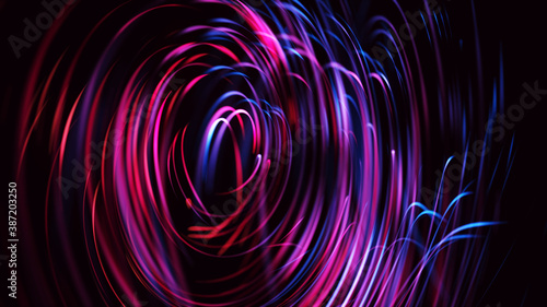 Futuristic digital artwork. Glowing motion streaks and light traces circles on dark background