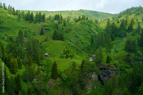 Mountain landscape along the road to Passo Giau, Dolomites, Veneto, Italy