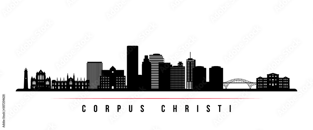Corpus Christi skyline horizontal banner. Black and white silhouette of Corpus Christi City, Texas. Vector template for your design.