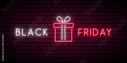 Neon Black Friday signboard. Sale banner with glowing neon text and an gift box. Concept template for promo banners, flyers, brochures. Stock vector illustration.