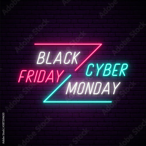 Neon Black Friday and Cyber Monday signboard. Sale banner with glowing neon text. Concept template for promo banners, flyers, brochures. Stock vector illustration.