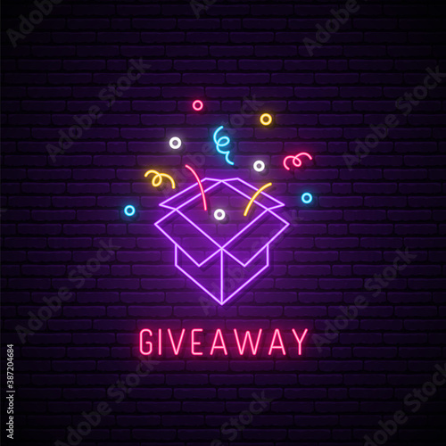 Giveaway neon sign. Bright neon signboard for social media. Glowing neon gift box and text Giveaway. Vector illustration.