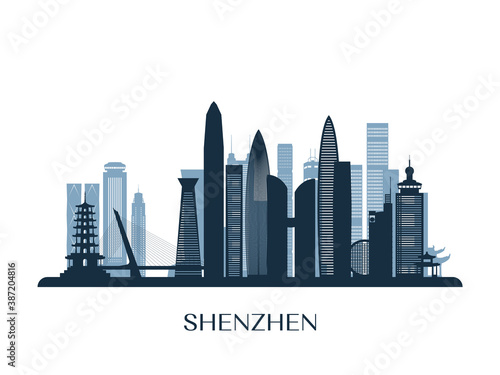 Shenzhen skyline, monochrome silhouette. Vector illustration.