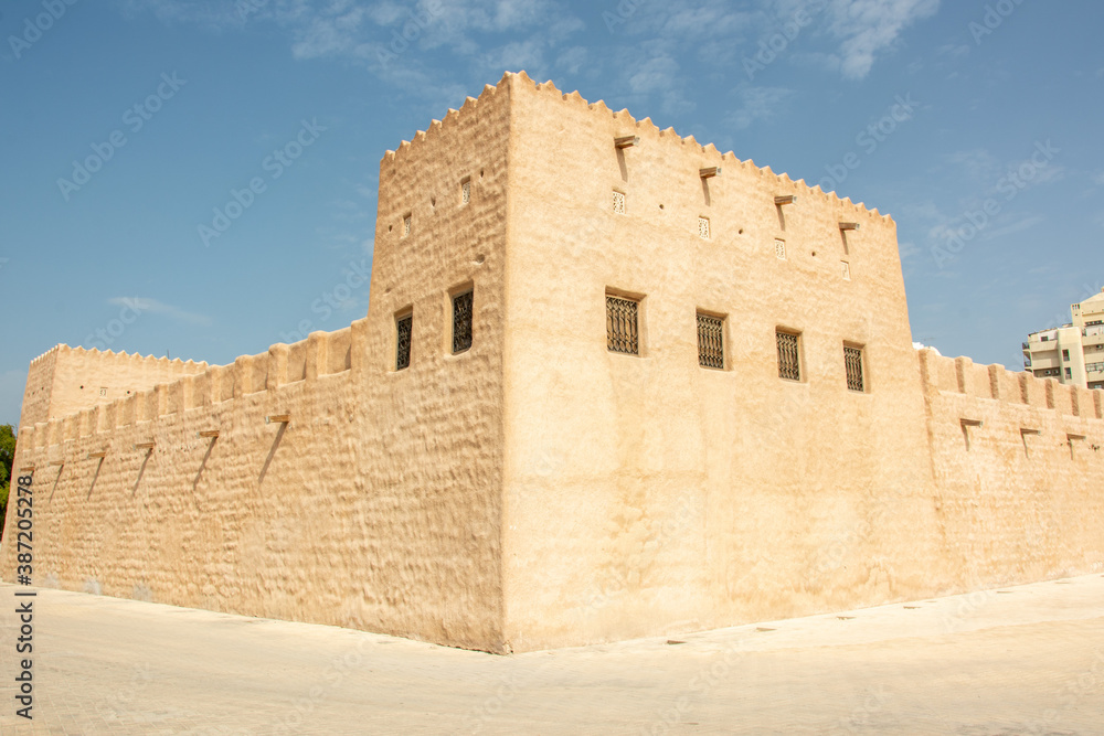 The medieval city walls of the Sharjah's historical Old Town in the emirate of Sharjah of the United Arab Emirates