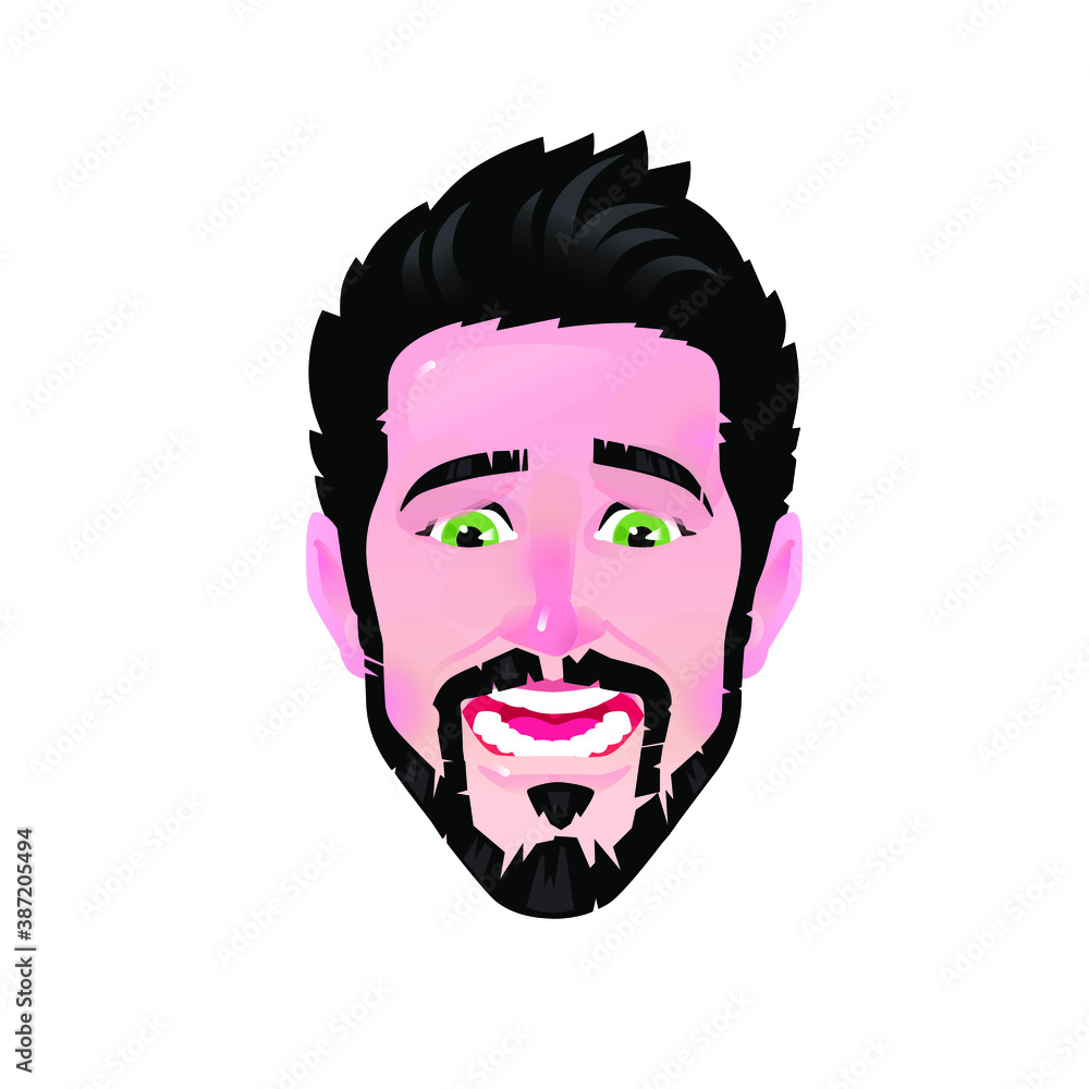 The emotion of a young man. Vector. Cartoon scared bearded man. Illustration of a head for advertising and chat. Surprised male avatar. The image is isolated on a white background.