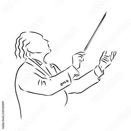 Orchestral conductor engraving vector illustration. Scratch board style imitation. Black and white hand drawn image. conductor, vector sketch illustration