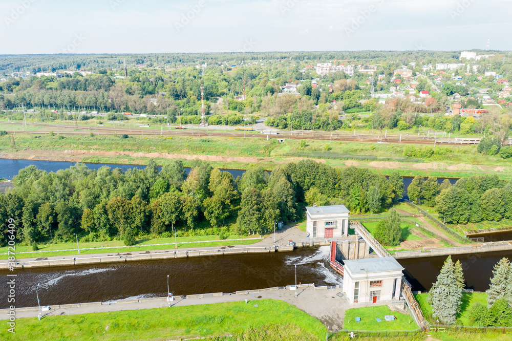 Aerial view of the gateway on the Moscow Canal on a summer day
