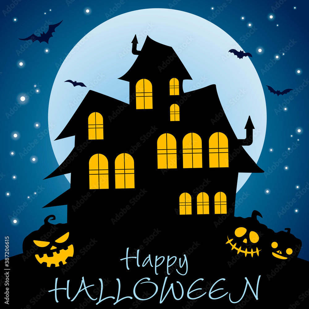 Big house and moon landscape. Black house and big moon. Bats, stars, jack-o-lanterns. Vector Halloween illustration.
