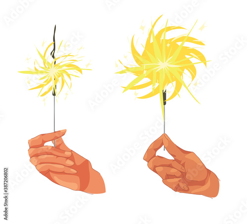sparklers in hands. hands and fingers. festive mood, celebration. New year's night. sparkle. vector isolated