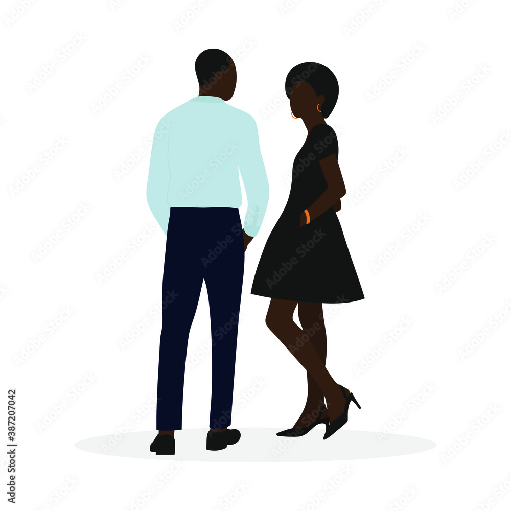 Black male character in shirt and trousers and black female character in smart dress talking on white background Black male character in shirt and trousers and black female character in smart dress talking on white background