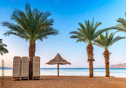 Morning and relaxing atmosphere on public beach of the Red Sea, Middle East