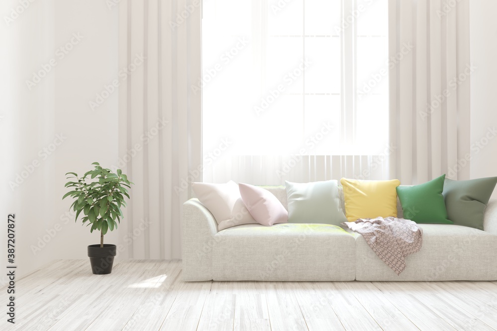 Fototapeta premium White living room with sofa. Scandinavian interior design. 3D illustration