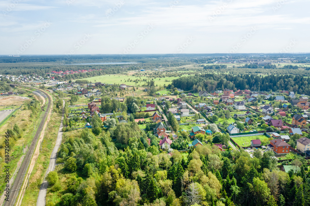 Aerial view of countryside and railway track