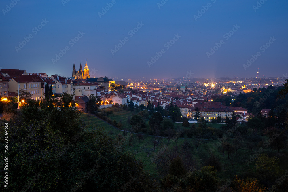 
view of the St. Vitus Cathedral in Prague at the Prague Castle in the center of Prague at sunset