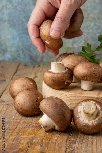 Close-up of portobello mushrooms, parsley and woman's hand holding two mushrooms, on rustic wooden table and gray background, in vertical photo