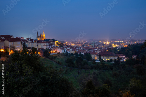  view of the St. Vitus Cathedral in Prague at the Prague Castle in the center of Prague at sunset