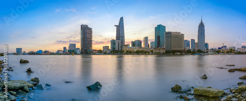 Panoramic view of Hochiminh city from the banks of the Saigon River. Ho Chi Minh City, Vietnam. © ducvien