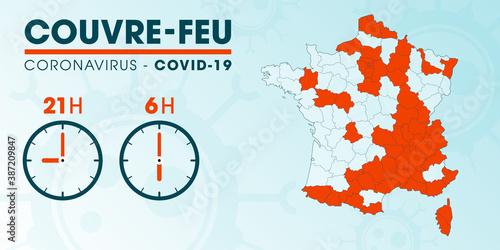 Carte des départements de France concernés par le couvre-feu - mise à jour du 22 octobre - pandémie du coronavirus covid19 - déplacement interdit de 21h à 6h - illustration vectorielle	